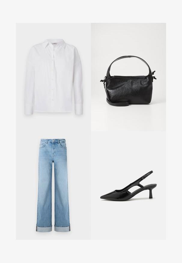 Hvid skjorte med knapper, lavet af bomuld, med lange ærmer, klassisk krave og subtile syningsdetaljer.; Lyseblå, vide jeans i klassisk denim med høj talje, prydet med opbrettede kanter og synlig søm.; Sorte slingback hæle med spidse tæer, lavet af blankt materiale, med udskæringsdetaljer og en moderat hæl for støtte.; Sort læderhåndtaske med et struktureret design, rund tophåndtag og aftagelig skulderrem. Den har en glat tekstur og en subtil glans.