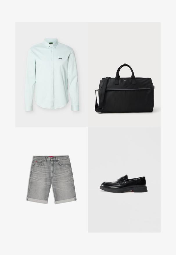 Lyseblå, langærmet skjorte med knapper foran og en knappet krave, med en sort "BOSS"-logo på venstre bryst.; Grå denimshorts med optrukne kanter, forreste knap, bæltestropper samt for- og møntlomme med et lille rødt mærke.; Sorte læder loafers med en glat finish, der har en hævet frontpanel og en kontrasterende rød detalje på sålen. Flad gummisål.; Sort rektangulær rejsetaske med dobbelte håndtag, justerbar skulderrem, frontlomme med lynlås og lille "BOSS" logo foran.