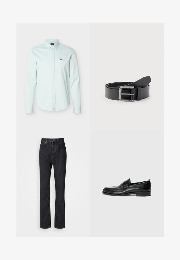 Lyseblå, langærmet skjorte med knapper foran og en knappet krave, med en sort "BOSS"-logo på venstre bryst.; Høj talje sorte denim jeans med knap- og lynlåsåbning, for- og baglommer samt lige ben.; Sorte læder loafer-sko med et strømlinet design, rund tå, tekstureret detalje på vampsen og en gummisål for godt greb. Bagtil er der en løkke.; Sort læderbælte snoet med sølvfarvet rektangulært metalspænde graveret med "BOSS" på en lysegrå baggrund.