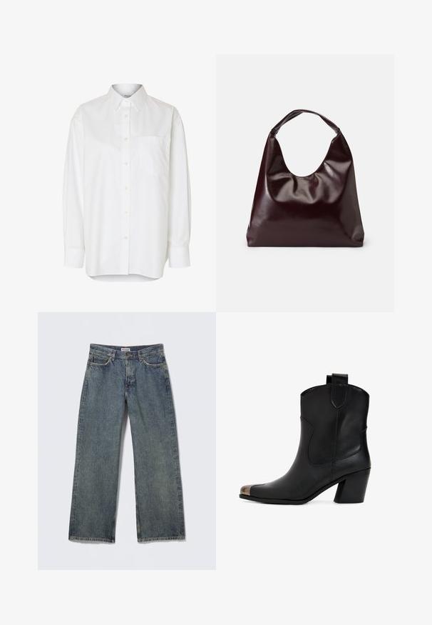 Hvid langærmet skjorte med knapper, spids krave og brystlomme, vist mod en ensfarvet baggrund.; Blå denim jeans med vide ben, høj talje, fem-lomme design og subtil slid på stoffet. Mærkeetiket synlig på linningen.; Sort læderankelstøvle med en let hæl, udstyret med en spids tå og metalhætte. Enkel syning og trækflap på bagsiden.; Bordeaux, skinnende vegansk læder tote taske med en blød, skulpturel form og et bredt, buet håndtag for nem bæring.