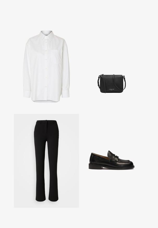 Camisa blanca de manga larga con botones, cuello puntiagudo y bolsillo en el pecho, mostrada sobre un fondo liso.; Pantalones negros confeccionados en una tela suave, con un diseño de pierna recta, bolsillos frontales y una cintura estándar con un pasador para cinturón.; Mocasín de cuero negro con punta redonda, cinta decorativa en la parte superior y tacón bajo apilado. Textura suave y detalles de costura mínimos.; Bolso bandolera de cuero negro con correa ajustable y cremallera plateada, logo "Liebeskind Berlin" en el centro delantero.