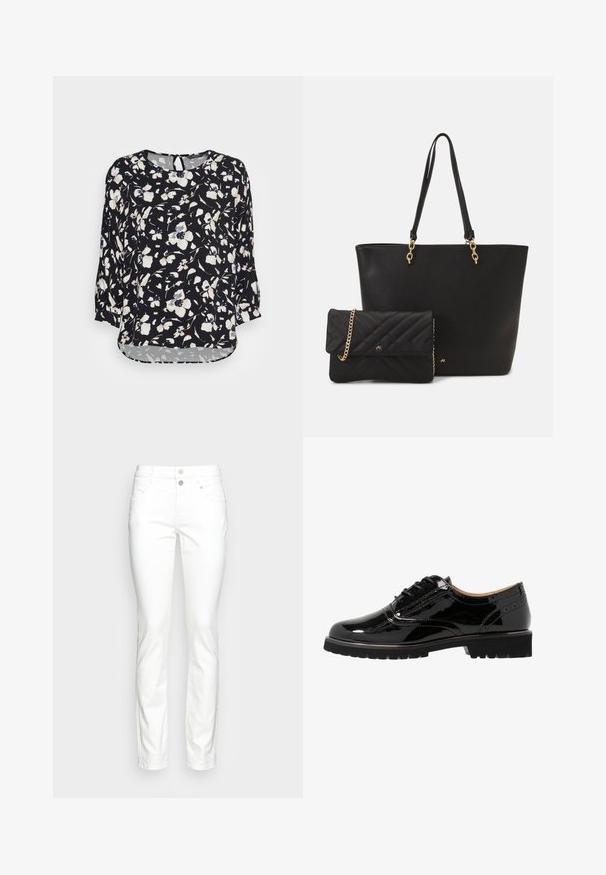 mine to five TOM TAILOR BLOUSE BATSLEEVE - Blouse - black/beige; Jean blanc avec une coupe ajustée, en denim. Doté d'un design classique à cinq poches et d'une fermeture double bouton à la taille.; Chaussures à lacets en cuir verni noir avec un bout rond, des détails en brogue, une semelle en caoutchouc et une finition texturée. Accentué par de petits œillets.; Sac fourre-tout en simili cuir noir avec deux poignées robustes et des accents dorés, associé à une petite pochette noire matelassée avec une chaîne.