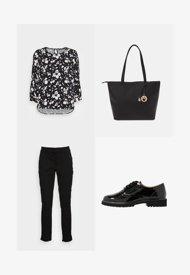 mine to five TOM TAILOR BLOUSE BATSLEEVE - Bluse - black/beige; Sorte bomuldsbukser med en slim fit, lige ben, bæltestropper og forlommer. Glat tekstur med diskrete stikninger.; Lave sorte patenterede lædersko med snørebånd, rund tå, brogue-detaljer, gummisål og en struktureret finish. Akkorderet med små øjer.; Sort tote taske lavet af glat syntetisk materiale, med to lange håndtag, en lynlåslukning og et guldcharms med et rundt logo.