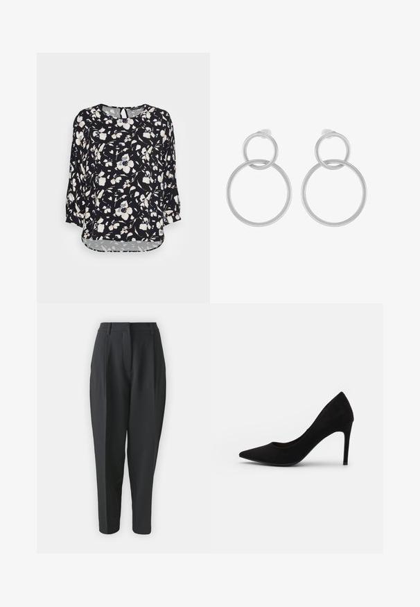 mine to five TOM TAILOR BLOUSE BATSLEEVE - Bluse - black/beige; Sorte skræddersyede bukser med høj talje, plisseringer og indsnævret ben. Glat stof uden synlige mønstre eller udsmykninger.; Sort ruskind højhælet pumpe med spids tå, glat overflade og slank stiletthæl. Klassisk design med en elegant silhouette.; Sølv metal øreringe med to sammenflettede cirkler, en større og en mindre, med børstet finish og push-back låse.