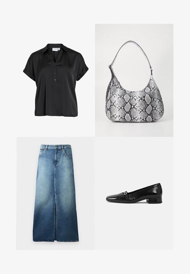 Sort kortærmet bluse med opsmøgede manchetter, V-hals og tre foran knapper, lavet af glat, let skinnende stof.; Denim nederdel i lys til mørkeblå gradient, med en slids foran, standard talje og en lige skæring med opfoldede kanter.; Sorte patentlæder balletflade med spids tå, lav firkantet hæl og en lille metallisk spænde detalje på remmen. Glat tekstur.; Sort-hvid slangemønster skuldertaske med en rund form, glat tekstur og en buet rem. Har et sølvfarvet hardware-accents.