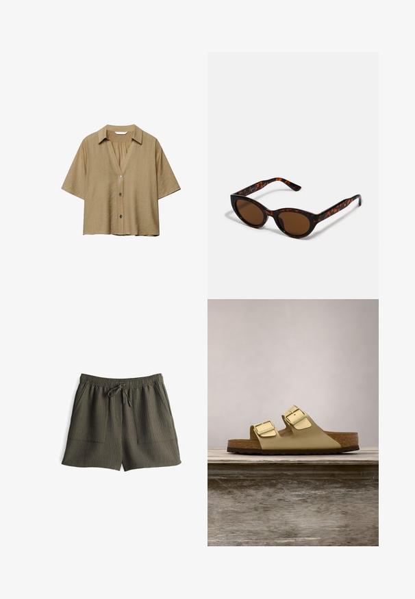 Beige Kurzarmbluse mit Kragen, drei Knöpfen vorne und gerafftem Detail am oberen Rücken.; Olivgrüne Shorts mit geripptem Muster, elastischem Bund, Kordelzugverschluss und zwei seitlichen Taschen.; Goldfarbene, metallische Sandale mit zwei Riemen und verstellbaren Schnallen, Korkfußbett und einer strukturierten Gummisohle. Verfügt über ein offenes Zehen- und Fersen-Design.; Braune Schildpatt-Sonnenbrille mit einer Vintage-Cat-Eye-Form und braunen Gläsern. Verfügt über gebogene Bügel mit roten Akzenten.