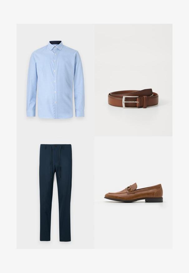 Camisa de manga larga abotonada en azul claro con un pequeño patrón de cuadros, botones blancos y un cuello en contraste de color azul oscuro. Textura suave.; Pantalones azul marino de tela ligera, con cierre de botón y cordón ajustable, en un corte slim y tapered.; Mocasines de cuero marrón con tacón plano, que cuentan con un acento metálico decorativo en la parte delantera, diseño elegante y textura suave.; Cinturón de cuero marrón con un acabado liso, que presenta una hebilla de metal plateado y costuras sutiles a lo largo de los bordes. Diseño clásico y duradero.