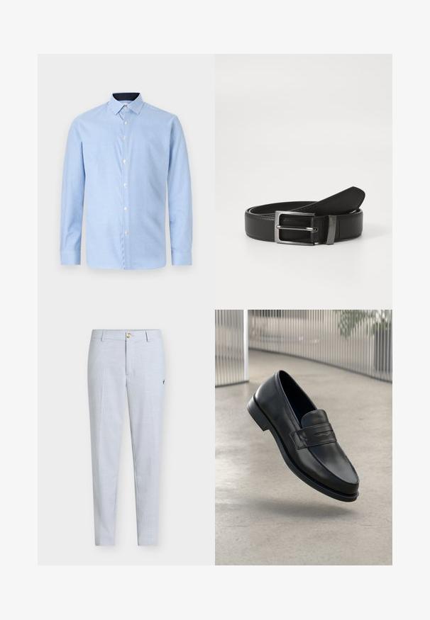 Chemise à manches longues, boutons sur le devant, de couleur bleu clair avec un motif à petits carreaux, boutons blancs et un col contrastant bleu foncé. Texture douce.; Pantalon bleu clair en tissu texturé, présentant une coupe droite, une fermeture à boutons et un petit motif brodé sur le côté.; Mocassin en cuir noir à texture lisse, bout pointu et bande décorative sur le cou-de-pied. Semelle légère, design minimaliste.; Ceinture en cuir noir avec une boucle en métal argenté, présentant une finition lisse et un design classique. La ceinture est soigneusement pliée.