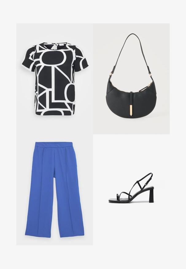 Top de manga corta en blanco y negro con patrones geométricos, escote redondo y detalles de cierre en la parte posterior. Textura de tejido suave.; Pantalones de pierna ancha hechos de una tela suave y elástica en un vibrante azul. Cuentan con una cinturilla plana y dos pliegues frontales para añadir un detalle de diseño.; Sandalias de tacón alto negras con punta cuadrada, tiras finas ajustables y un tacón bloque grueso. Textura de cuero suave con un detalle mínimo.; Bolso negro en forma de media luna con una sola correa, cremallera dorada y una lengüeta decorativa rectangular dorada en la parte delantera.