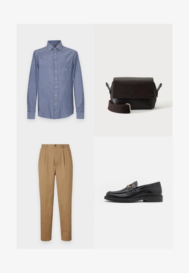 Chemise bleu clair en coton à manches longues, avec une poche poitrine et un motif délicatement brodé sur la poche.; Pantalons plissés beiges à coupe droite, fabriqués dans un tissu lisse. Dotés d'une fermeture à bouton sur le devant et de poches latérales.; Mocassins en cuir noir avec un embout rond, présentant des accents en métal doré et des détails de couture, montés sur une semelle en caoutchouc texturé et basse.; Sac bandoulière en cuir marron foncé avec fermeture à rabat et sangle en tissu réglable sur fond blanc.
