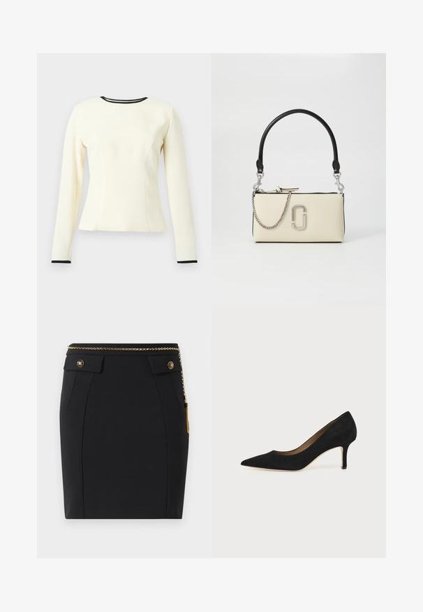 Top de manga larga en color crema con diseño ajustado, costuras acentuadas y cuello y puños de manga en negro. Textura suave y forma estructurada.; Falda negra ajustada con bolsillos delanteros con solapa, botones decorativos en dorado y un cinturón delgado de cadena dorada con un borlas en el lado derecho.; Salón de ante negro con punta puntiaguda, tacón de aguja delgado de altura media y diseño de corte bajo sobre un fondo liso.; Bolso color crema con un asa negra, detalle de cadena plateada y un logotipo destacado en el frente. Textura suave y cierre con cremallera.