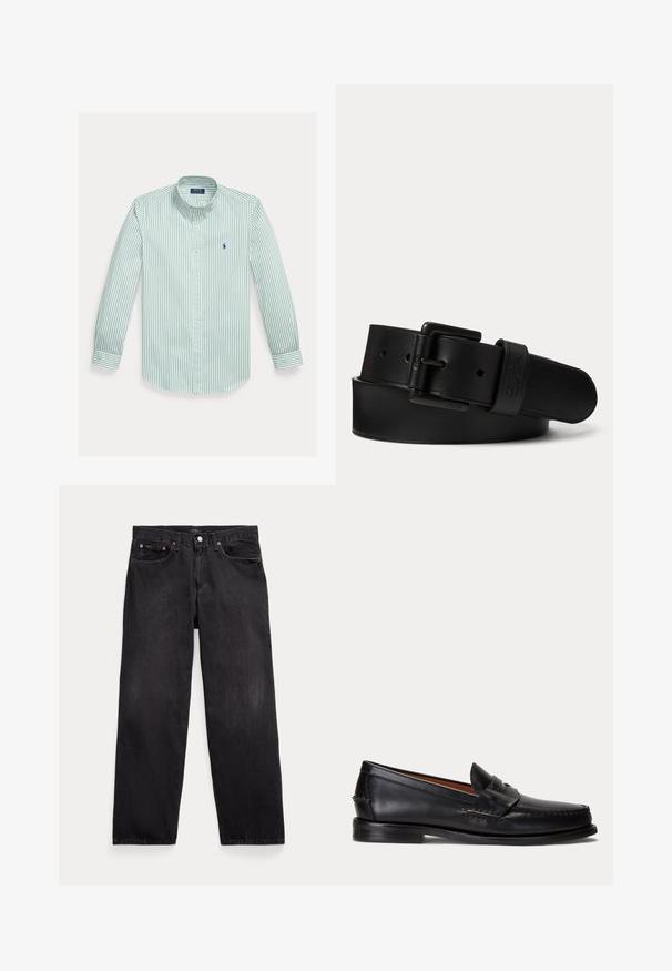 Hemd mit Knopfleiste in grünen und weißen Vertikalstreifen, aus Baumwolle. Verfügt über einen klassischen Kragen, lange Ärmel und ein kleines Logo auf der Brust.; Schwarze Jeans mit geradem Bein, fünf Taschen, Knopfverschluss und sichtbaren Metallnieten an den vorderen Taschen.; Schwarzer Lederloafer mit niedrigem Absatz und Pennyriemendetail, von der Seite auf hellgrauem Hintergrund gezeigt.; Schwarzer Ledergürtel mit schwarzer rechteckiger Schnalle und eingeprägtem Logo an der Gürtelschlaufe, zusammengerollt auf einem schlichten hellen Hintergrund.