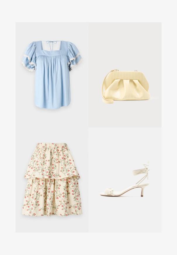 Blusa azul clara con escote cuadrado y mangas abullonadas. Presenta tejido recogido y un delicado encaje en los bordes de las mangas.; Falda de capas color crema con un patrón floral de fresas rojas y enredaderas verdes. Cintura elástica para mayor comodidad y ajuste.; Sandalia de tacón bajo color crema con lazos alrededor del tobillo y una amplia tira retorcida sobre los dedos, sobre un fondo blanco liso.; Bolso clutch de cuero color crema con un marco superior estructurado y correa de muñeca, mostrado sobre un fondo claro y liso.