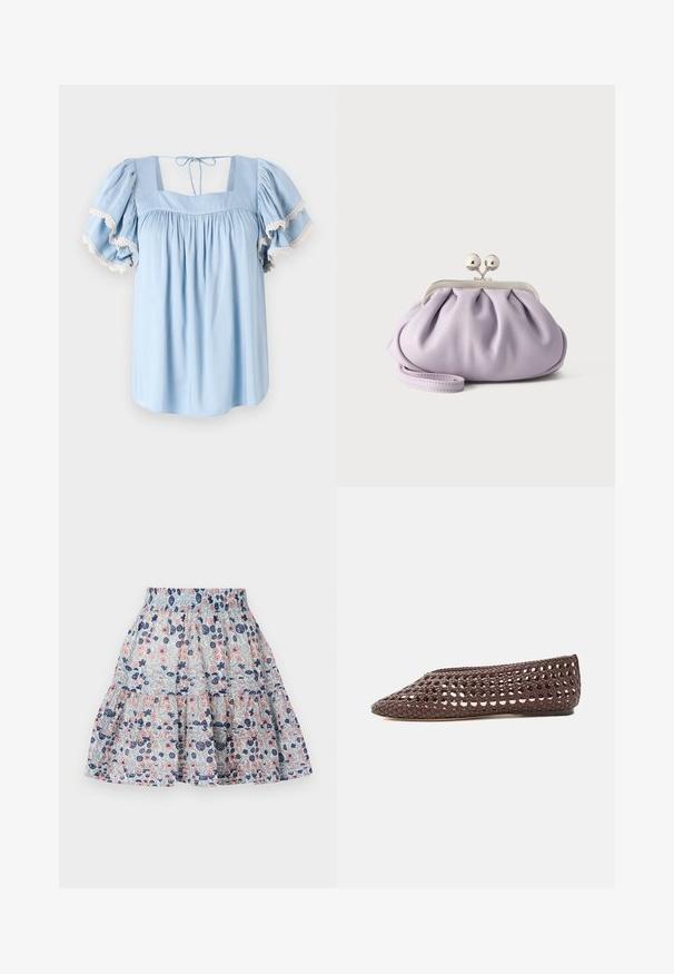 Blouse bleu clair avec un décolleté carré et des manches bouffantes. Présente un tissu froncé et une délicate bordure en dentelle le long des bords des manches.; Jupe à imprimé floral en bleu clair, ornée de fleurs roses et marines. Design en volants avec une taille élastique et un tissu doux et texturé.; Chaussure plate marron avec un motif ajouré tissé et un bout rond fermé, vue de profil sur un fond clair.; Pochette lavande douce avec tissu froncé, fermoir kiss-lock argenté et bracelet assorti sur un fond clair uni.