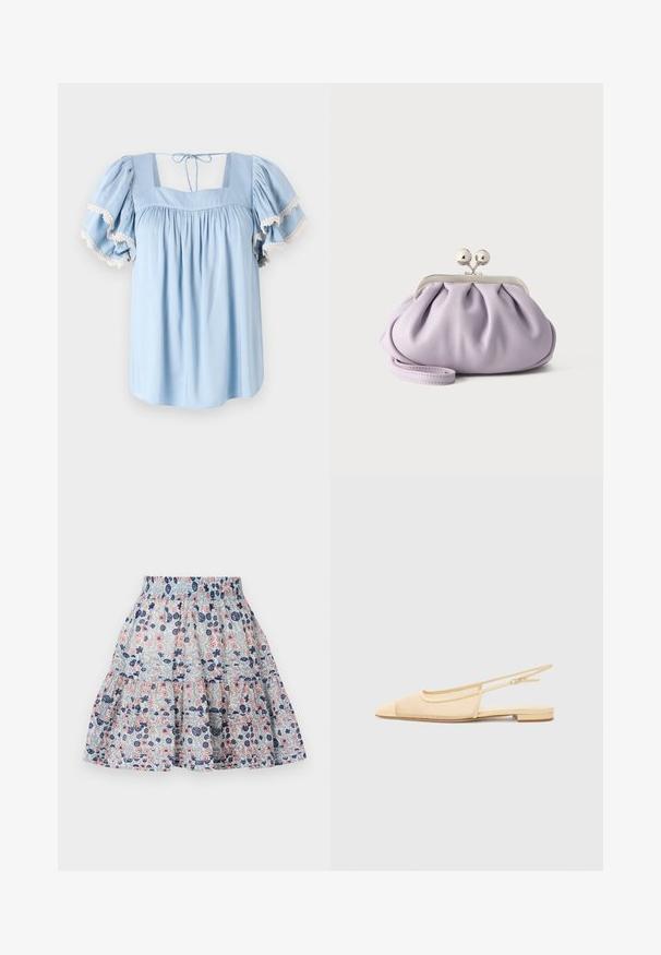 Blusa azul clara con escote cuadrado y mangas abullonadas. Presenta tejido recogido y un delicado encaje en los bordes de las mangas.; Falda de estampado floral en azul claro, con flores en tonos rosa y marino. Diseño en capas con una cinturilla elástica y tela suave y texturizada.; Zapato plano tipo slingback en beige claro con parte superior de malla, punta afilada y tacón bajo. Cuenta con una correa ajustable para un mejor ajuste.; Bolso de mano suave de lavanda con tela recogida, cierre de beso plateado y correa de muñeca a juego sobre un fondo liso y claro.