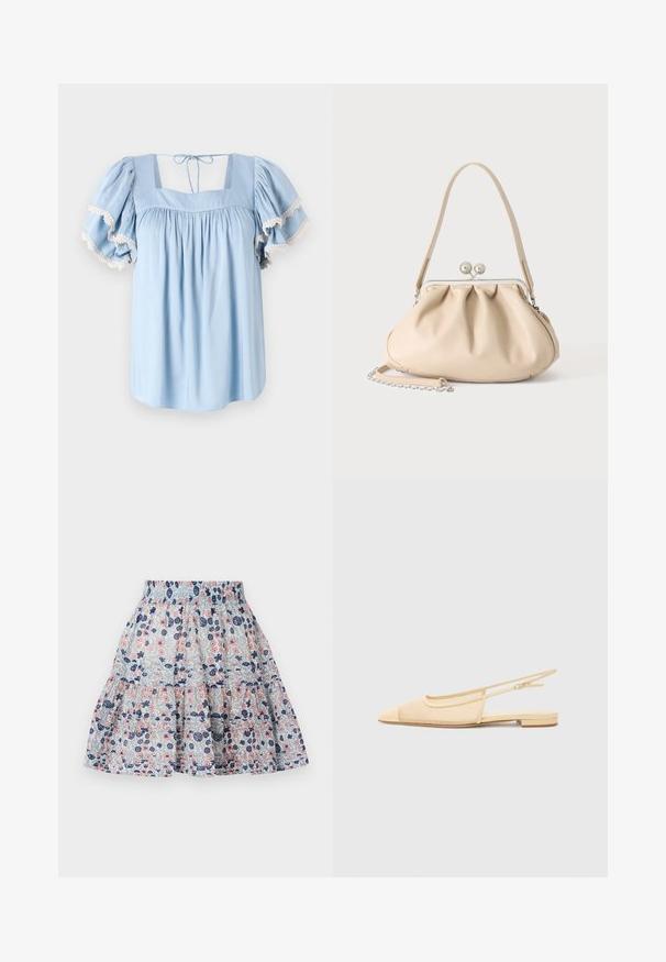 Lichtblauwe blouse met vierkante halslijn en opbollende mouwen. Bevat verzameld stof en delicate kantafwerking langs de mouwranden.; Lichtblauwe rok met bloemenprint, versierd met roze en marineblauwe bloemen. Gelaagd ontwerp met een elastische tailleband en zachte, gemetste stof.; Slingback ballerina in lichtbeige met een mesh bovenwerk, spitse neus en een lage hak. Voorzien van een verstelbare band voor een goede pasvorm.; Beige zachte leren handtas met een zilveren metalen frame sluiting, een enkele schouderriem en een optionele kettingriem op een witte achtergrond.
