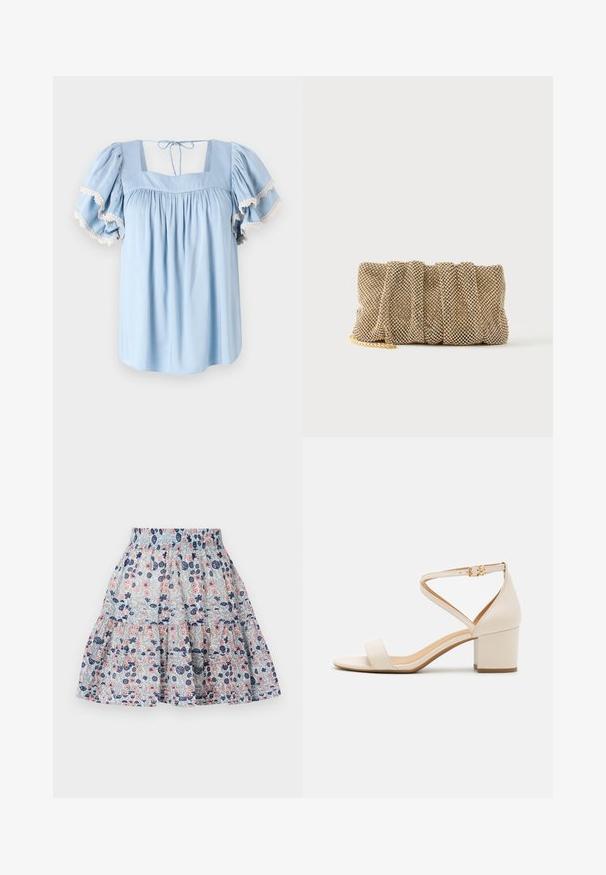 Blusa azul clara con escote cuadrado y mangas abullonadas. Presenta tejido recogido y un delicado encaje en los bordes de las mangas.; Falda de estampado floral en azul claro, con flores en tonos rosa y marino. Diseño en capas con una cinturilla elástica y tela suave y texturizada.; Sandalias de tacón bloque en color beige que presentan un diseño minimalista, punta abierta y una correa ajustable en el tobillo con detalle de hebilla dorada. Textura suave.; Pequeño bolso de mano de malla dorada con un diseño fruncido y una correa de cadena dorada parcialmente visible sobre un fondo blanco liso.