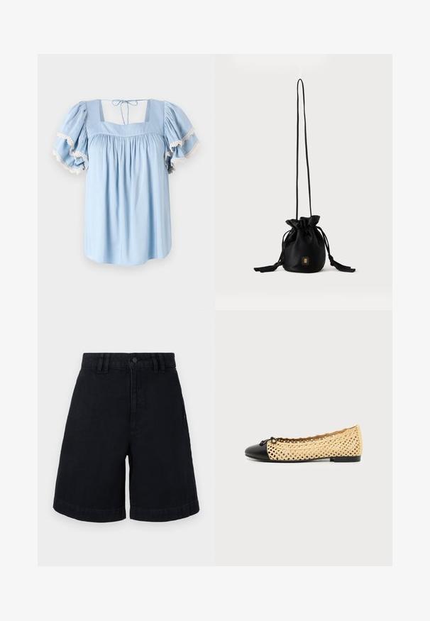 Blouse bleu clair avec un décolleté carré et des manches bouffantes. Présente un tissu froncé et une délicate bordure en dentelle le long des bords des manches.; Shorts en denim noir à coupe droite, avec une fermeture à bouton, des passants de ceinture et des ourlets roulés. Texture lisse avec des détails de couture subtils.; Chaussure plate beige tissée avec bout fermé noir et petit détail de nœud, vue de profil sur fond blanc.; Sac seau noir à cordon avec une longue sangle fine et un petit logo carré doré sur le devant, présenté sur un fond uni.