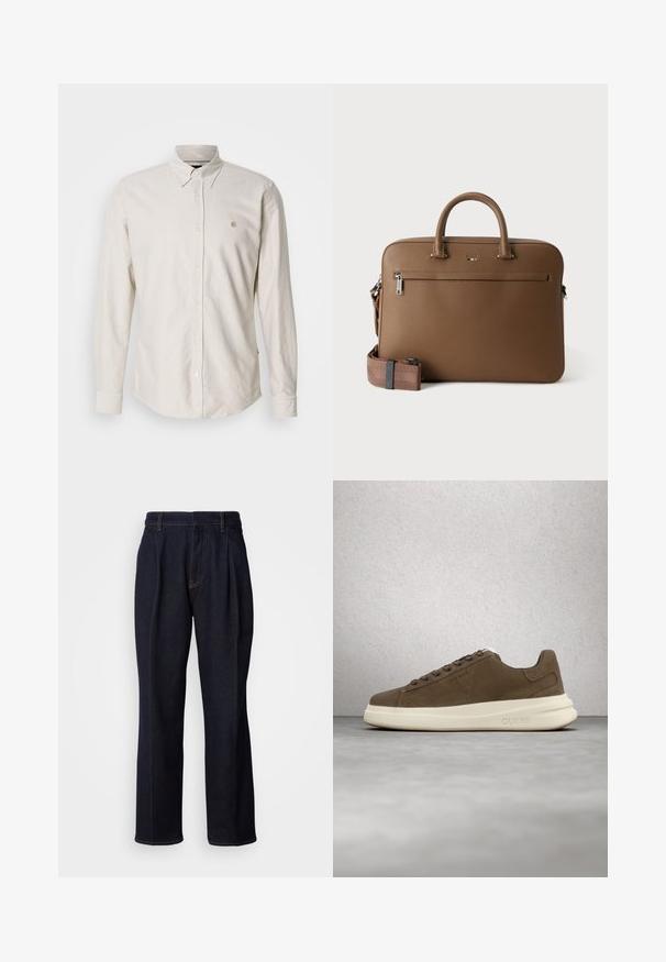 Lyse beige, langærmet skjorte med knapper, spids krave og lille broderet logo. Blødt stof med en glat tekstur og lige kant.; Mørkeblå vidde denim jeans med frontfældninger og orange syninger, vist på hvid baggrund.; Brune ruskinds sneakers med en cremet gummisål, flade snørebånd og et logo på siden. Letvægtsdesign og glat tekstur.; Brun lædermappe med top håndtag, lomme foran med lynlås og aftagelig matchende skulderrem på hvid baggrund.