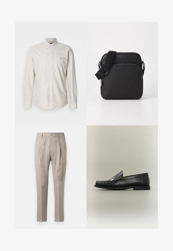 Lyse beige, langærmet skjorte med knapper, spids krave og lille broderet logo. Blødt stof med en glat tekstur og lige kant.; Beige skræddersyede bukser med en glat overflade, der har knaplukning, elastisk talje og to forlommer. Lige ben-design.; Sort læder herresko med moc-toe-design, penny-rem og lav hæl på en neutral baggrund.; Sorth læder crossover taske med en tekstureret overflade, der har en frontlomme med lynlås, justerbar strop og metal hardware detaljer.