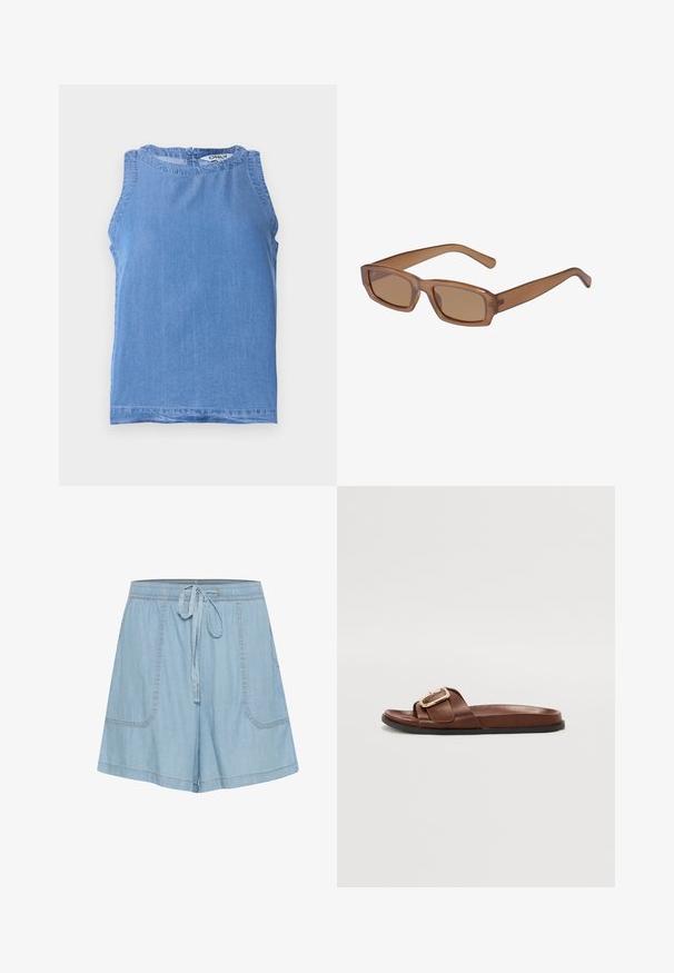 Ærmeløs lyseblå denimtop med rund halsudskæring og knaplukning bagpå, med en lille flæsekant rundt om kraven.; Lyseblå denim shorts med elastisk talje, bånddetalje, to forlommer og syede accenter.; Brune læder slid sandal med en bred rem og et guld spænde som accent, flad sål og glat overflade.; Brune, rektangulære solbriller med en gennemsigtig ramme, slanke tempelstænger og tonede linser, der har en glat tekstur og et moderne design.