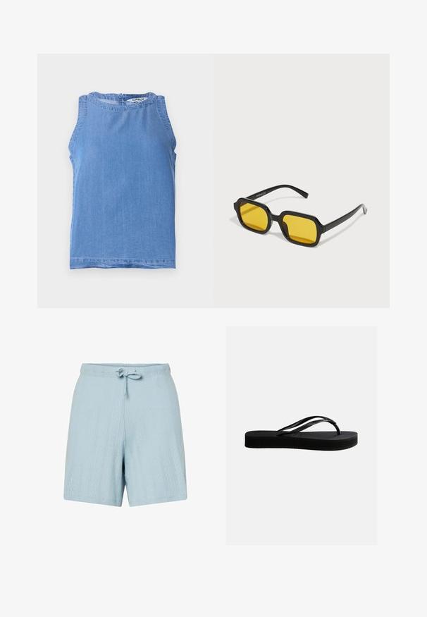 Mouwloze lichtblauwe denimtop met ronde halslijn en knoopsluiting aan de achterkant, met een kleine ruchestrim rondom de kraag.; Lichtblauwe katoenen shorts met een gestructureerd patroon, een trekkoord in de taille en een ontspannen pasvorm. Beschikt over diagonale strepen en subtiele diamantvormen.; Zwarte rubberen teenslipper met gestructureerd zool en Y-vormige band, zijaanzicht op een effen lichte achtergrond.; Zwarte rechthoekige zonnebril met gele lenzen. Kenmerken zijn onder andere dikke monturen en een hoekig ontwerp met een gladde, glanzende afwerking.