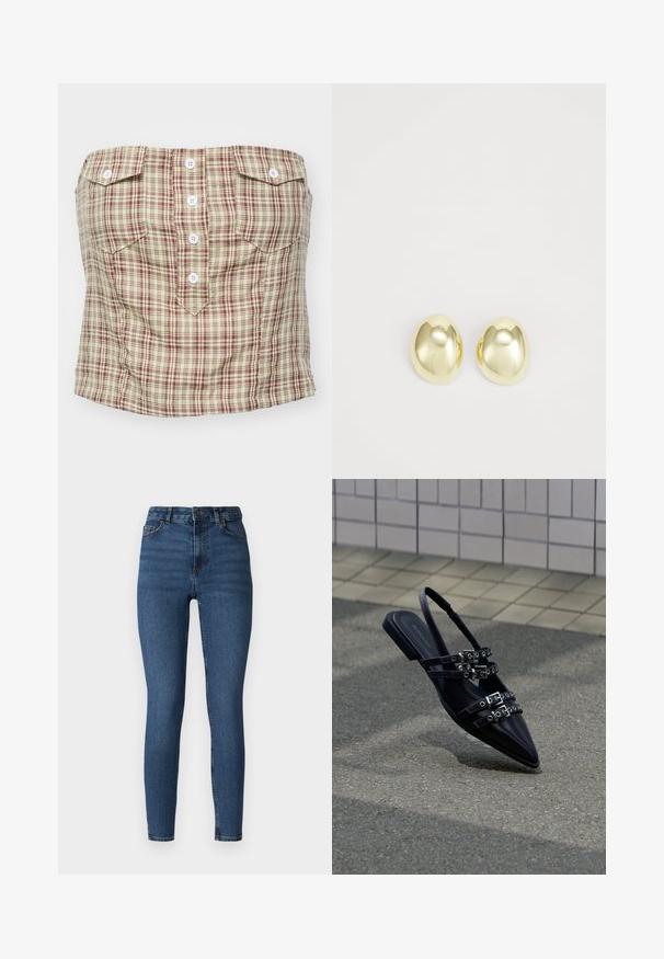 Top sin tirantes a cuadros en beige claro con patrón en marrón y verde. Cuenta con cuatro botones frontales y dos bolsillos en el pecho.; Jeans skinny de denim azul oscuro con cintura alta, con cierre frontal de botón, presillas para cinturón y diseño estándar de cinco bolsillos.; Sandalia plana negra de punta afilada con varias correas con hebillas y talón descubierto, situada sobre una superficie pavimentada y con un fondo de muro de azulejos.; Pendientes de metal en tono dorado, con forma suave y redondeada y acabado pulido. Diseño sencillo sin adornos adicionales.