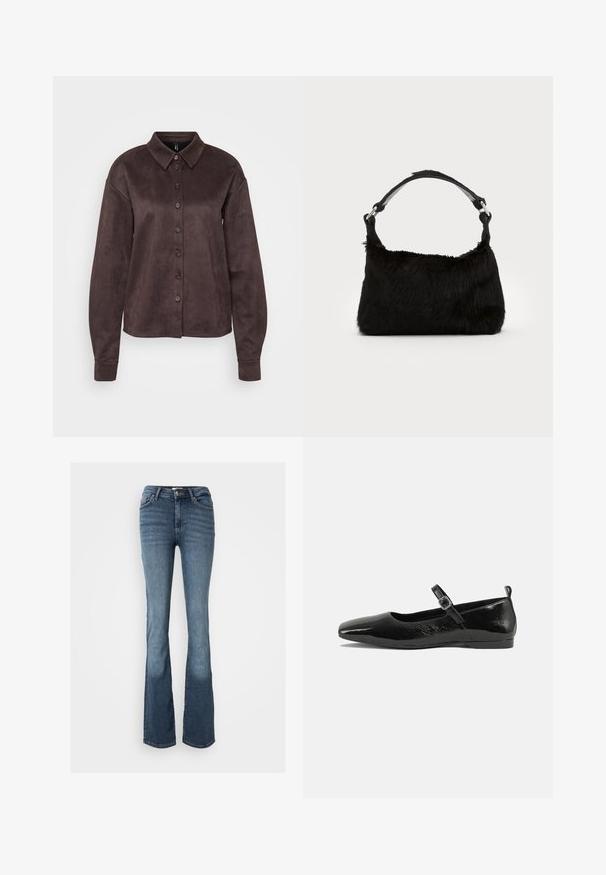 ONLY Tall ONLRINEA BUTTON SHIRT - Skjortebluser - chocolate torte; Bootcut jeans lavet af blåt denim. Har en mid-rise talje, fem lommer, diskrete syninger og et let falmet udseende på benene.; Sorte patentlæder flade sko med spidse tæer, en ankelrem med spænde og en glat, blank tekstur. Lav hæl for komfort.; Sort faux fur håndtaske med en blød tekstur, rund form og en robust skulderrem i sort læder. Synlige sølvhardware-detaljer.