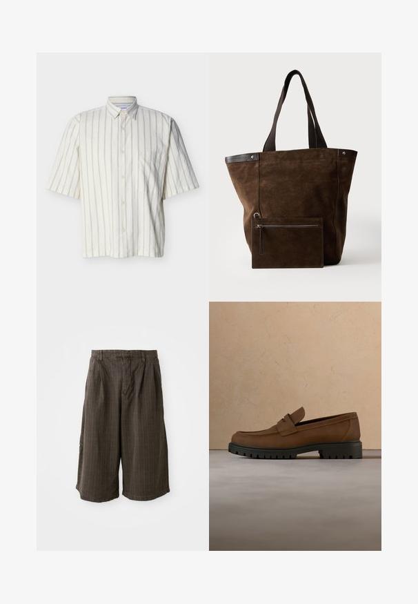 Chemise à manches courtes de couleur crème avec des fines rayures verticales grises et une poche poitrine gauche, présentée sur un fond clair.; Shorts à rayures marron avec une coupe ample. Fabriqués en tissu léger, ils présentent des plis et un ourlet à revers pour plus de détails.; Mocassin en cuir marron foncé avec semelle épaisse en caoutchouc noir présenté au-dessus d’un tapis beige et d’un canapé en arrière-plan.; Sac cabas en daim marron foncé avec des poignées noires et une pochette rectangulaire zippée assortie fixée à l'avant.