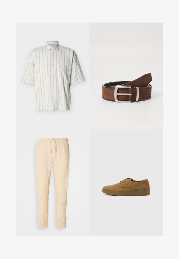 Chemise à manches courtes de couleur crème avec des fines rayures verticales grises et une poche poitrine gauche, présentée sur un fond clair.; Pantalons en lin beige clair avec taille à cordon, jambes fuselées et poignets élastiques. Design simple avec une texture subtile.; Chaussure décontractée à lacets en daim marron avec semelle en caoutchouc plate, vue de côté sur un fond clair uni.; Ceinture en suède marron avec une boucle en métal argenté et des détails de coutures linéaires. La ceinture est plate et a une largeur et une forme classiques.