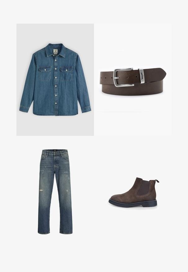 Blauw denim overhemd met lange mouwen, knoopsluiting aan de voorkant, twee borstzakken en een kraag. Voorzien van stikdetails en een comfortabele, losse pasvorm.; Blauwe denim jeans met een rechte pasvorm, voorzien van lichte slijtage, een standaard tailleband met een knoopsluiting en vijf zakken.; Bruine suède Chelsea-laars met zwarte elastische zijkanten en een treklipje. Voorzien van een gemarmerde zwarte zool voor grip. Minimalistisch ontwerp, enkelhoogte.; Bruine leren riem met een zilverkleurige metalen gesp, voorzien van een rechthoekige vorm en meerdere gaten voor maatverstelling.
