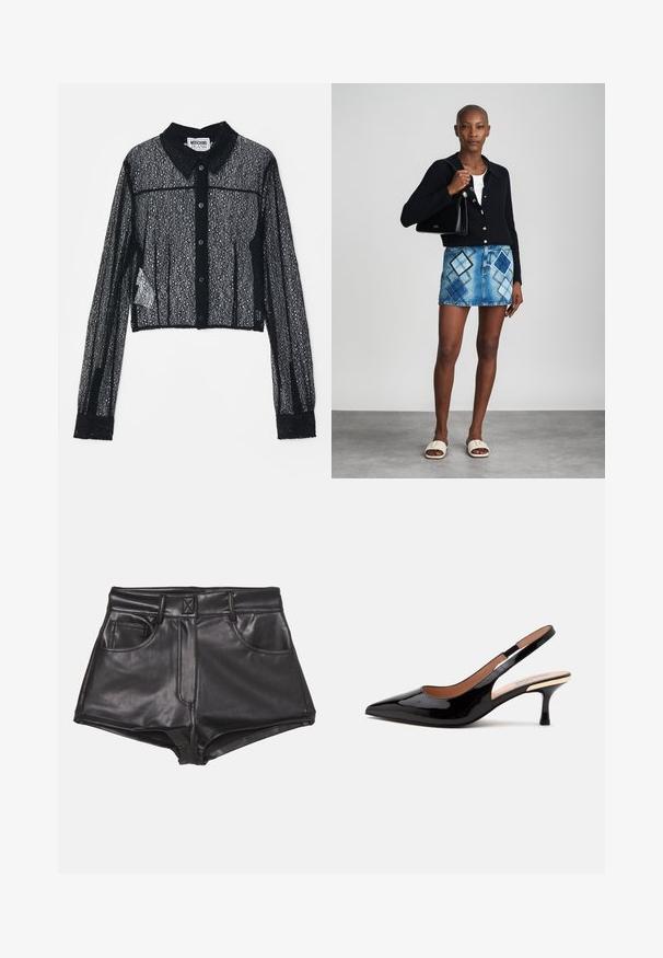 Chemise noire en dentelle raccourcie avec des manches longues, un boutonnière à l'avant et un col. Présente une texture à motif complexe et des poignets unis.; Shorts en simili cuir noirs à taille haute, dotés de deux poches frontales, de coutures apparentes et d'une texture lisse.; Escarpin slingback en cuir verni noir avec bout pointu et petit talon kitten sur fond blanc uni.; Un cardigan en maille noir, un haut blanc, une jupe en denim avec un motif de diamants bleus et noirs, un sac à main noir et des sandales à enfiler beiges.