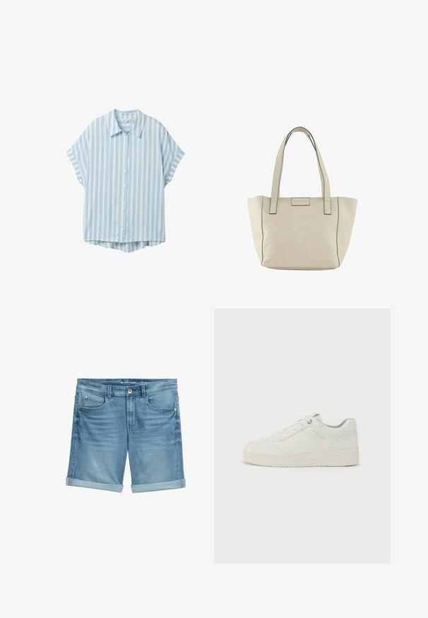 Lichtblauw kortemouwenshirt met verticale witte strepen, knoopsluiting aan de voorkant, kraag en een licht gebogen zoom aan de achterkant.; Leren denim shorts in lichtblauw met een vervaagde afwerking, met opgerolde pijpen, een vijf-pocket ontwerp en een metalen knoopsluiting bij de taille.; Witte sneaker met een gladde leren buitenkant, ronde neus, zes oogjes, gevoerde kraag en een gestructureerde rubberen zool. Subtiel merkembleem aan de zijkant.; Beige totebag met relief geometrisch patroon, dubbele handvatten en zwart stiksel. Heeft een subtiele logo aan de voorkant.
