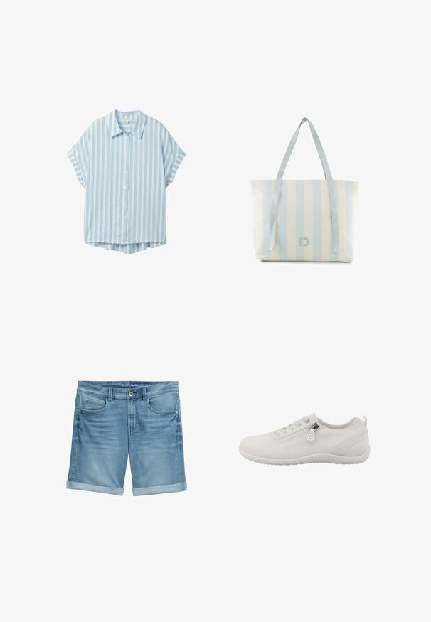 Lichtblauw kortemouwenshirt met verticale witte strepen, knoopsluiting aan de voorkant, kraag en een licht gebogen zoom aan de achterkant.; Leren denim shorts in lichtblauw met een vervaagde afwerking, met opgerolde pijpen, een vijf-pocket ontwerp en een metalen knoopsluiting bij de taille.; Witte sportieve schoen van ademend gaasmateriaal. Voorzien van een ritssluiting, een gestructureerd bovendeel en een flexibele rubberen zool.; Tote bag met verticale lichtblauwe en witte strepen, twee lange lichtblauwe handvatten en een klein geperst logo in het midden aan de voorkant.