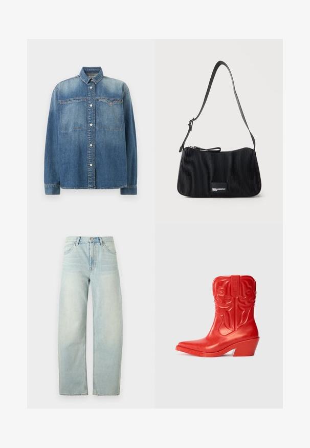 Blaues Denim-Hemd zum Knöpfen mit langen Ärmeln, zwei Brusttaschen vorne und einem umklappbaren Kragen, mit einem ausgewaschenen Effekt.; Hellblaue Jeans mit hoher Taille und geradem Bein, mit vorderem Knopf und Taschen, vor weißem Hintergrund dargestellt.; Rote Cowboy-Stiefel mit hohem, ausgeflogenem Absatz. Hergestellt aus glänzendem Material, das mit geprägten Western-Mustern am Schaft verziert ist. Spitz zulaufende Fußform.; Schwarze, gerippte Stoff-Schultertasche mit verstellbarem Riemen und kleinem "Karl Lagerfeld Jeans" Label vorne.