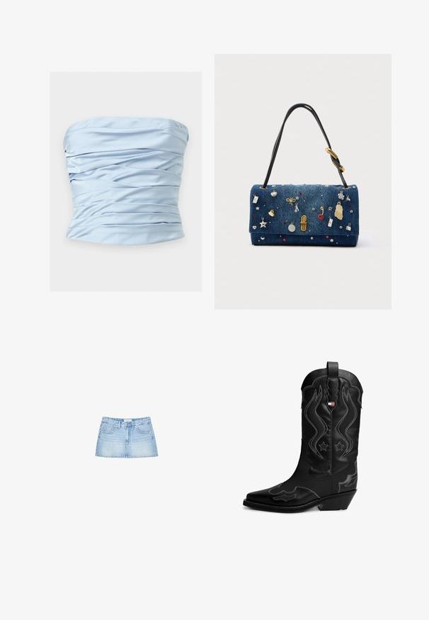 Lyseblå stropfri satin top med vandrette folder og en let rynket tekstur på ensfarvet baggrund.; Lysblå denimminiskørt med lige snit, fem lomme, og frontknaplukning med bæltestropper. Glat tekstur.; Sort læder cowboystøvle med hvide syninger, dekorative flamme- og stjernemønstre, skrå hæl og trækstrop øverst.; Denim håndtaske med klap, sort rem og guldfarvet hardware. Dekoreret med forskellige charms og rhinsten i forskellige farver.