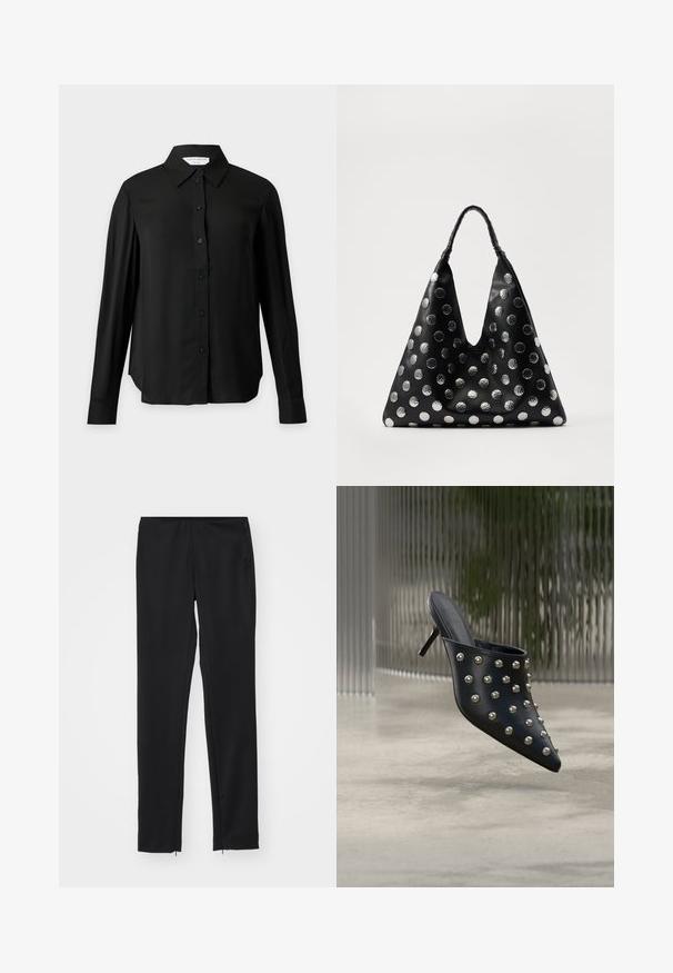 Sort langærmet skjorte med knapper, spids krave, manchetærmer og en let buet kant, vist på en ensfarvet lys baggrund.; Sorte, slim-fit bukser med en elastisk talje, glat tekstur og lynlåsdetaljer ved sømmen. Fremstillet af letvægtsstof.; Sort mule med spids tå og lille hæl, dekoreret med jævnt fordelt runde sølvnitter på overdelen.; Sort lædertaske med en trekantet form, udstyret med sølvfarvede metallic prikker og et tekstureret håndtag. Generelt glat finish.