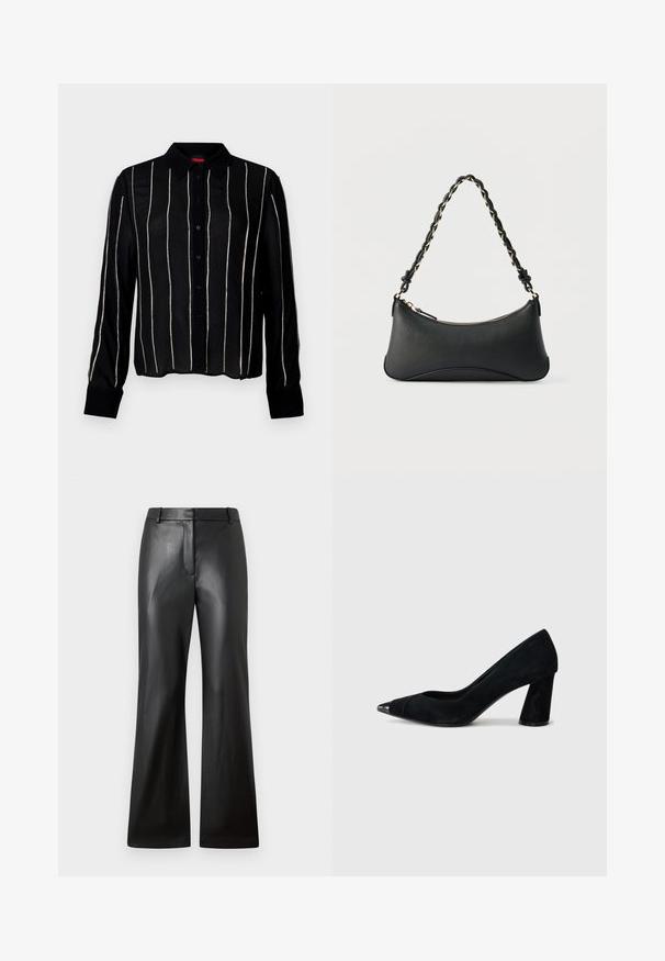 Schwarzes Langarmshirt mit Knopfleiste, vertikalen silbernen Streifen, Kragen und strukturiertem Stoff.; Schwarze Lederhosen mit glatter Textur, weit geschnittenem Design und mid-rise Bund mit Gürtelschlaufen und Fronttaschen.; Schwarze Wildleder-Pumps mit hohem Absatz und spitzem Zehenbereich, mit einer glänzenden schwarzen Kappenzehe und einem klobigen, konischen Absatz.; Schwarze Lederschultertasche mit gewölbter rechteckiger Form, goldener Kette, die in den geflochtenen schwarzen Riemen eingewebt ist, und Reißverschlussverschluss oben.