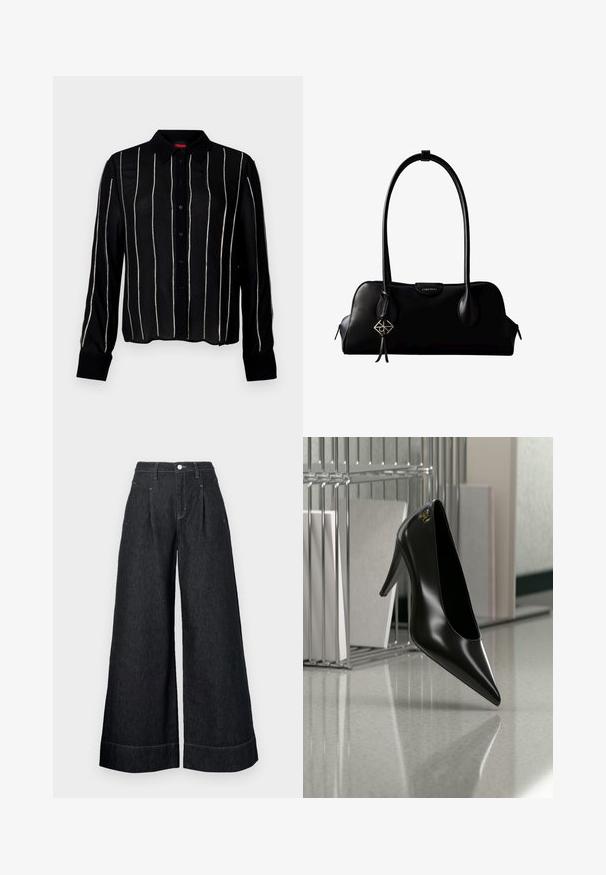 Schwarzes Langarmshirt mit Knopfleiste, vertikalen silbernen Streifen, Kragen und strukturiertem Stoff.; Schwarze Denim-Hosen mit weitem Bein und hoher Taille, mit vorderen Falten, einem Knopfverschluss und kontrastierenden Nähten an den Säumen.; Schwarzer High-Heel-Schuh mit spitzer Zehe und goldem Logo, auf einer reflektierenden Oberfläche nahe einem verchromten Draht-Organizer mit Dokumenten positioniert.; Schwarze Lederhandtasche von Calvin Klein mit langen Henkeln, einem vorderen Logo-Tag und einem silbernen geometrischen Anhänger, der an einem Henkel hängt.
