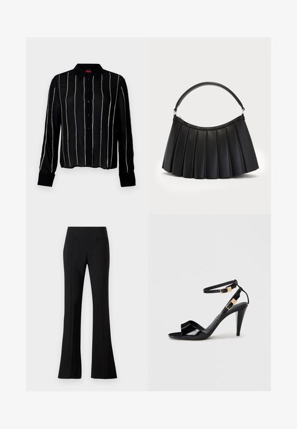 Camisa negra de manga larga con botones al frente, con rayas plateadas verticales, cuello y tejido texturizado.; Pantalones acampanados negros hechos de una tela suave con una cintura alta, que cuentan con dos bolsillos traseros y una línea en el frente de cada pierna.; Sандalia de tacón alto de charol negro con dobles correas en el tobillo y hebillas doradas, punta abierta y tacón delgado y afilado sobre un fondo neutro.; Bolso negro plisado hecho de cuero sintético, con un asa curva y cierre superior con cremallera. Textura suave con un diseño estructurado.