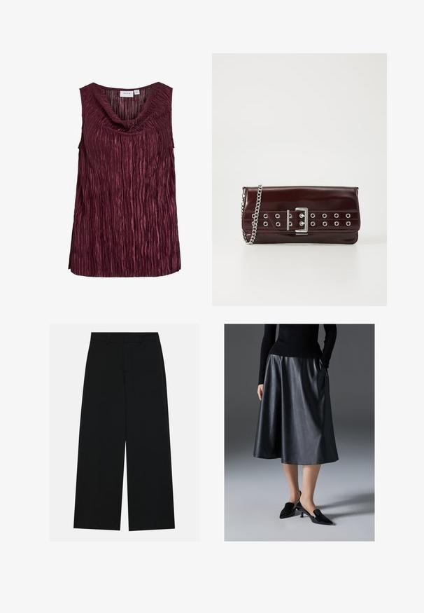 Bordeaux mouwloze top met een gedrapeerde halslijn, voorzien van verticale plooien en een textuur. Gemaakt van een glanzende, lichte stof.; Zwart, wijde broek van een gladde stof. Heeft een plat tailleband met riemlussen en geen zichtbare zakken. Eenvoudig ontwerp.; Zwarte leren midi-jurk met een gladde textuur; heeft een tailleband en zijzakken. Gepaarde met glanzende zwarte hakken.; Bordeaux faux leren clutch met een zilveren kettinghengsel, voorzien van een gespontwerp en metalen ogen over de voorkant voor extra detail.