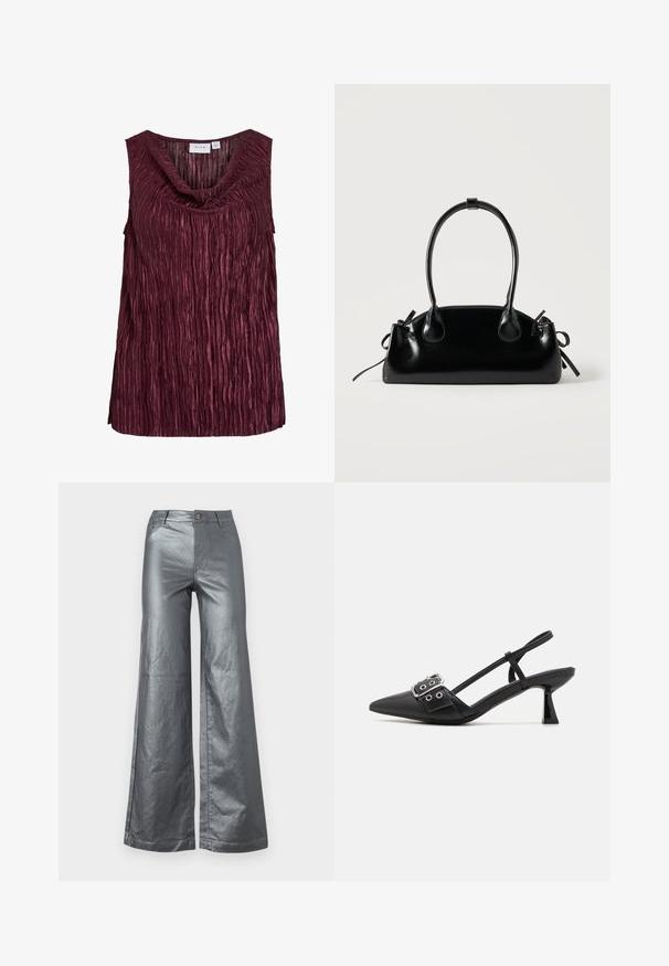 Top sans manches bordeaux avec un décolleté drapé, présentant des plis verticaux et une surface texturée. Fabriqué en tissu léger et brillant.; Pantalons à jambes larges en tissu métallique argenté brillant. Comprend des poches avant, une fermeture à bouton et des ourlets droits. Texture lisse et design épuré.; Simmi London DALA - Escarpins - black; Petit sac à main noir brillant avec deux longues anses et des détails à cordon sur les côtés sur un fond clair uni.