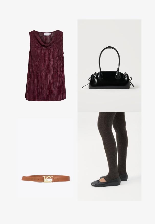 Bordeaux mouwloze top met een gedrapeerde halslijn, voorzien van verticale plooien en een textuur. Gemaakt van een glanzende, lichte stof.; Bruine leren riem met een gesp in goudkleur met een uitgesneden logoontwerp. Gladde textuur, met verstelgaatjes voor maatvoering.; Benen met donkere geribbelde leggings gecombineerd met zwarte ballerina's met kleine strikdetails op een witte achtergrond.; Kleine zwarte glanzende handtas met twee lange hengsels en zijkant trekkoord details op een effen lichte achtergrond.