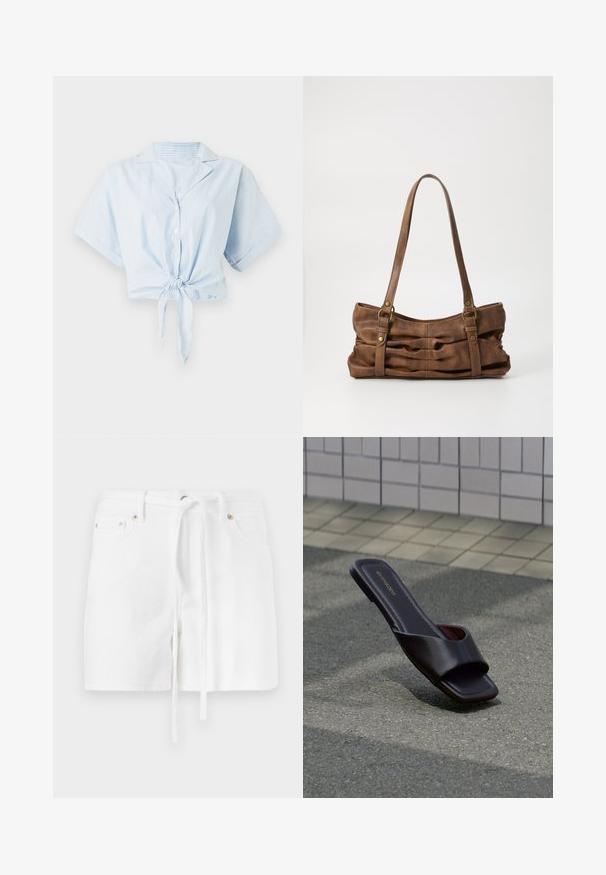 Camisa recortada azul claro con rayas verticales blancas, mangas cortas, cuello y cierre de lazo en el frente. Está hecha de una tela suave y ligera.; Pantalones cortos de denim blanco con cintura ajustable, que cuentan con dos bolsillos frontales y una textura suave. El diseño es simple y clásico, sin patrones.; Sandalia tipo slide de cuero marrón oscuro con punta cuadrada y tiras anchas, descansando sobre asfalto gris cerca de una acera adoquinada.; Even&Odd Bolso de mano - brown