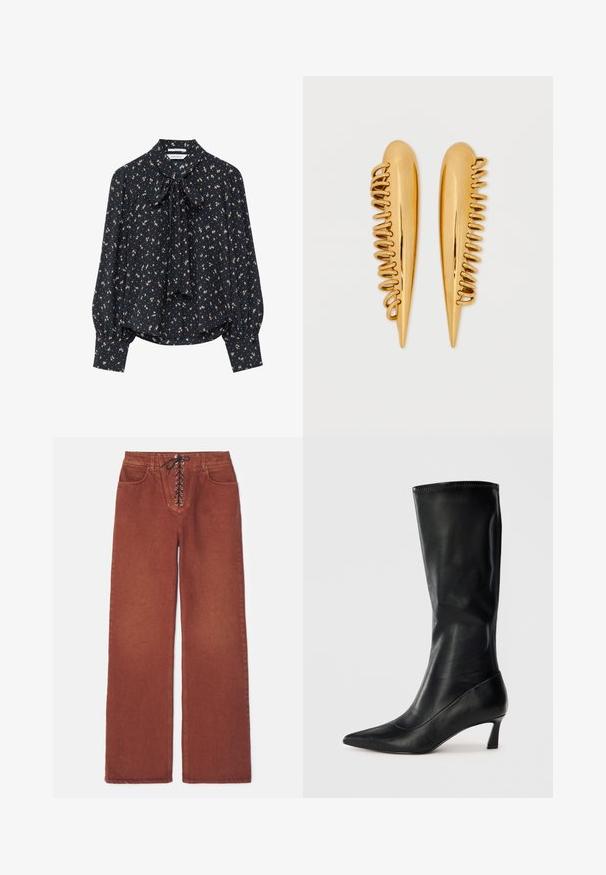 Sort bluse med en sløjfe-krave, lange puffærmer og blomsterprint i pink og hvid. Blødt stof med samlede manchetter og lige kant.; Rustfarvede vide bukser med snørelukning foran, lavet af denim. Har to forlommer og en glat tekstur.; Sorte læderknæhøje støvler med spidse tæer og en modest hæl. Glat tekstur og slankt design med subtile syninger.; Par af polerede hårspænder i guldfarvet metal med forlænget dråbeform og dekorativ spiraltrådsdetalje langs den ene kant.