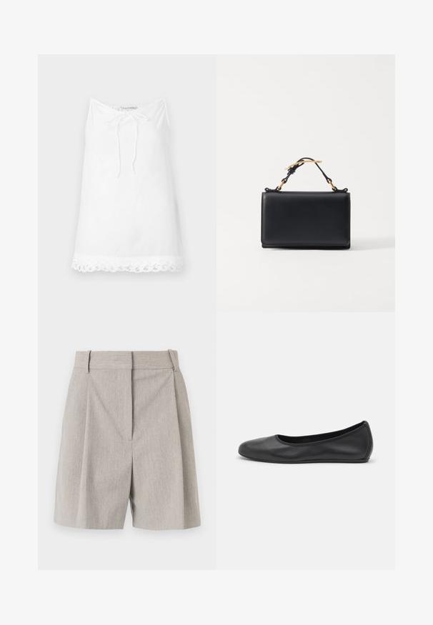 Hvid ærmeløs top med snortræk i halsen og blondekant nederst. Lavet af letvægtsmateriale, der har en afslappet og løs pasform.; By Malene Birger POVILLE - Shorts - grey brown; Sort læderballetsko med rund tå, glat tekstur, minimal syning og et fleksibelt såldesign.; Sort læderhåndtaske med rektangulær form, der har en top-håndtag og hardware i guldtonet. Glat tekstur, minimalistisk design.