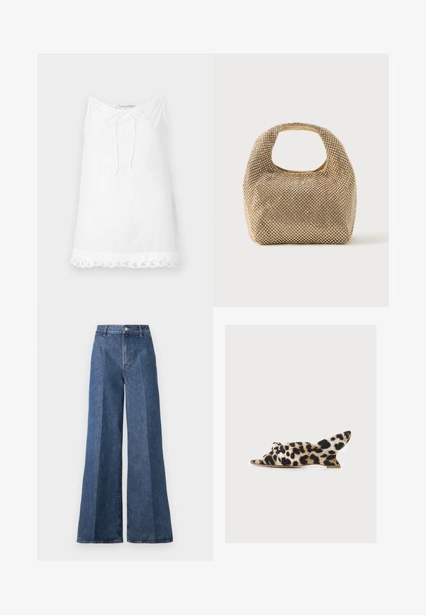 Hvid ærmeløs top med snortræk i halsen og blondekant nederst. Lavet af letvægtsmateriale, der har en afslappet og løs pasform.; Bredde ben blå denim jeans med høj talje, med klassisk fem-lomme stil og knaplukning, lavet af struktureret bomstof.; Åben tå mule sko med lav kilehæl og knyttet overdel i leopardmønster på lys baggrund.; Lille håndtaske i guldtone dækket af skinnende runde nitter med kort håndtag og rektangulært udskåret hul øverst.