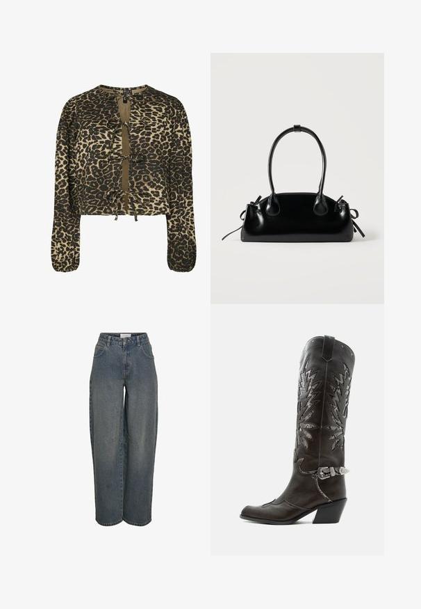 Hemdchen in Leopardenmuster mit langen Ärmeln, mit Bindebändern am Ausschnitt und Saum. Das Material ist ein strukturierter Stoff mit weichem Finish.; Gerade geschnittene Jeans in Dunkelblau, aus texturiertem Baumwollstoff gefertigt. Mit Fronttaschen und einem Reißverschluss mit Knopfverschluss.; Schwarzer Leder-Cowboystiefel mit dekorativen Ausschnitten, silberner Schnalle und schräger Ferse, auf weißem Hintergrund dargestellt.; Kleine schwarze glänzende Handtasche mit zwei langen Griffen und seitlichen Kordelzug-Details vor einfachem hellem Hintergrund.
