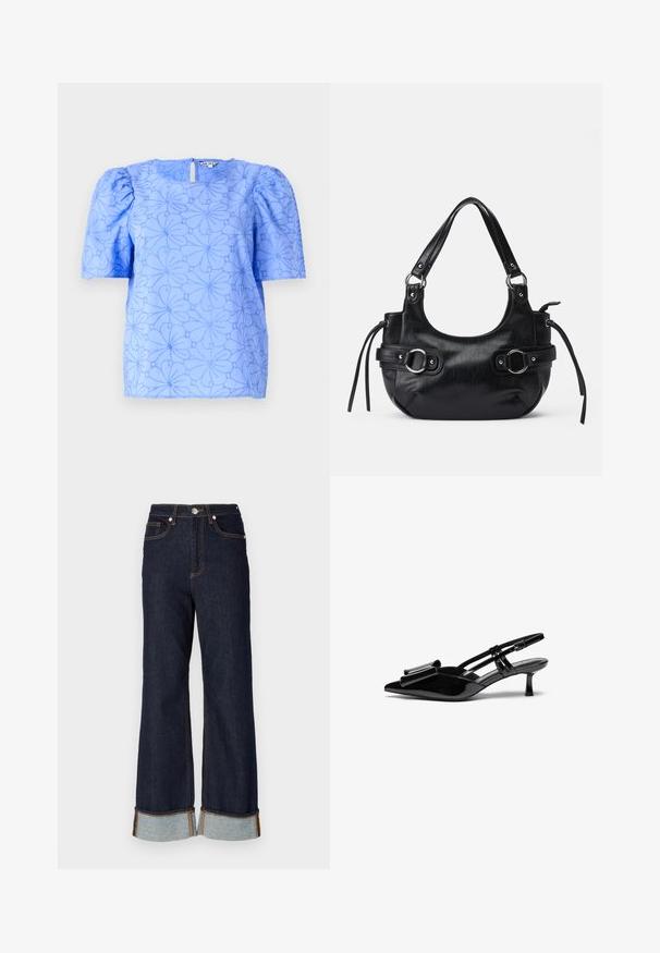 Blusa azul claro con mangas abullonadas, patrón floral texturizado y escote cuadrado; cuenta con un corte en forma de agujero en la espalda.; Jeans de mezclilla oscura de pierna ancha con dobladillo sin terminar, costuras naranjas en contraste y dos bolsillos delanteros; los puños enrollados revelan mezclilla más clara debajo.; Zapatos de tacón slingback de charol negro con punta afilada, detalle de lazo en el frente y un pequeño tacón de aguja. Las correas tienen hebillas ajustables.; Bolso de cuero negro con forma redondeada, que cuenta con dos hebillas laterales, textura suave y una correa corta para el hombro. Los detalles incluyen borlas laterales.