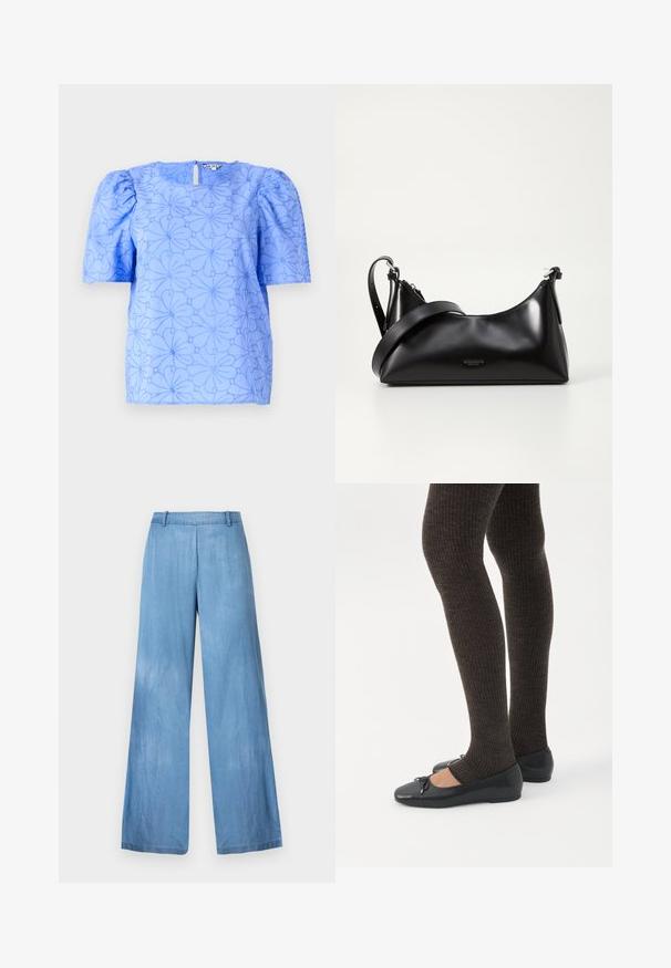 Hellbluse mit Puffärmeln, strukturiertem Blumenmuster und quadratischem Ausschnitt; besitzt einen Schlüssel-Loch-Ausschnitt auf der Rückseite.; Helle blaue weite Jeans aus Denim, mit hoher Taille, subtilen Verwaschungen und einem sauberen Saum ohne Verzierungen oder Taschen.; Beine in dunklen, gerippten Leggings kombiniert mit schwarzen Ballerinas mit kleinen Schleifendetails auf weißem Hintergrund.; Schwarze lederne Handtasche mit glatter Textur. Verfügt über einen verstellbaren Riemen und ein elegantes, minimalistisches Design mit einem Reißverschluss.